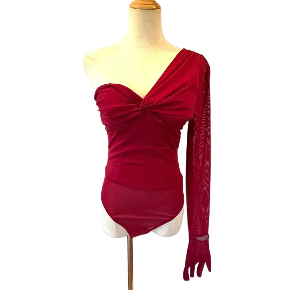 Michael Costello Red One-Shoulder Bodysuit - Picture 2 of 8